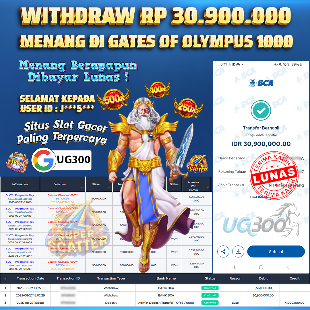 UG300 BERMAIN DI GATES OF OLYMPUS 1000 !  Rp.30,900,000- DI BAYAR TUNTAS